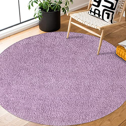 payé Teppich Rund Hochflor Shaggy - 120x120cm - Pastell Lila Einfarbig Uni Flauschig Modern Boho Wohnzimmer Schlafzimmer Deko Teppiche Weich Schlafzimmer