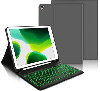 IVEOPPE Tastatur 9. Generation, 10.2 Tastatur mit Hülle (9./8./7. Generation), Magnetisch Abnehmbarer 7-Farbige Beleuchtung mit QWERTZ für Air 3 und Pro 10.5, Greu