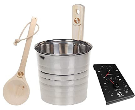 SudoreWell® Edelstahl Saunakübel Saunaeimer hochwertig mit Griffdaube plus Saunakelle 35cm aus Holz und Sauna Klimamesser black mit Thermometer + Hygrometer 130 x 190mm