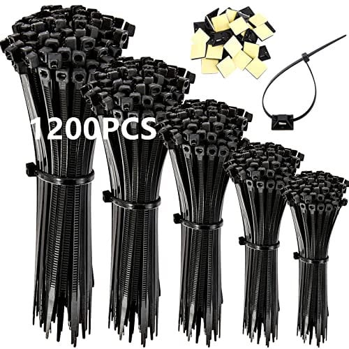 Frasheng 1200 Piezas Bridas de Plastico para Cables,100/150/200/250/300 mm,Soporte de brida para cables en negro,Bridas de Nailon,Con 30 piezas de base autoadhesiva,Para Hogar,Oficina,Exteriores