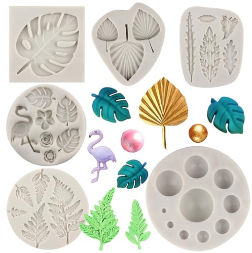 Sijiangmold Lot de 5 moules en silicone en forme de feuille tropicale, flamant rose, pour fondant, fougère, bonbons, chocolat, feuille de palmier tropicale, décoration de gâteau, pâte à sucre en