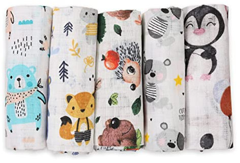 FENSILO Mulltücher Baby Mullwindeln - 5er Pack 70x80 cm - Stoffwindeln, Made IN EU, schadstoffgeprüft - Spucktücher Baby Junge – Baby Mullwindeln - 5er-Pack Tuch mit Blaubär und Pinguin