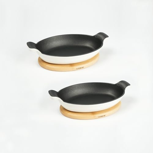 HAWOK Piatto da portata ovale in ghisa smaltata con sottopentola magnetico in bambù, 20 x 15 cm, teglia ovale, set di 2, bianco ostrica