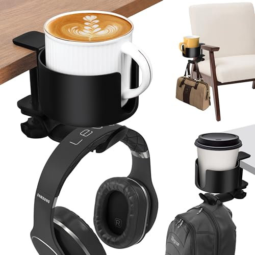 Winter Shore Porte Gobelet Bureau 2 en 1 avec Support Casque Bureau - Pot a Crayon & Furnitures de Bureaulliage d'Alu Robuste - Porte Tasse Système Anti-Renversement & Crochet Porte Casque 360°