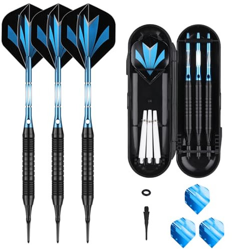 sanfeng Dartpfeile mit Kunststoffspitze 18 Gramm Etui für elektronische dartscheibe Softdarts mit Blau Alu-Schäfte 6 Flights 50 Anti-Lose Gummiringe 50 Spitzen
