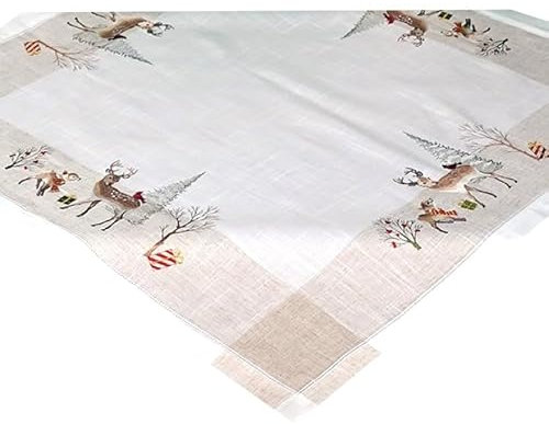 Tischdecke Mitteldecke Tischläufer Deckchen Kissenhülle Herbst Winter Weihnachten 15% Leinen beige Bestickt mit Rehe und Bäumen (85 x 85 cm)