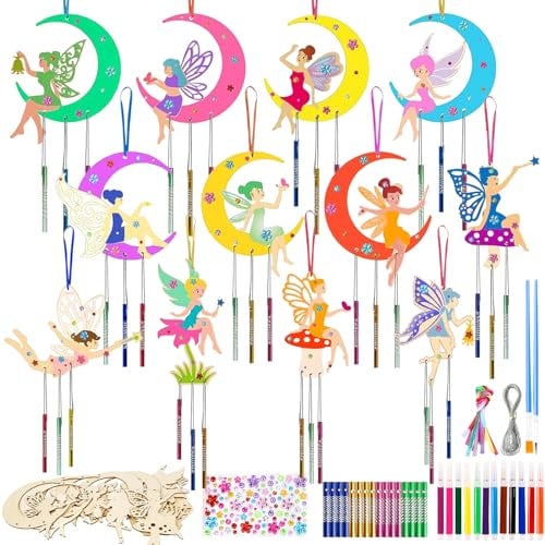 Zeuwets Fee Windspiel Bastelset, 12 Stück Holz Basteln Kinder Mädchen, Klangspiel Bemalen Handwerk, Feen Kreativ Bastelhandwerk, DIY Spielzeug Geschenk für Geburtstagsparty Mädchen 3 4 5 6 7 8 9 Jahre