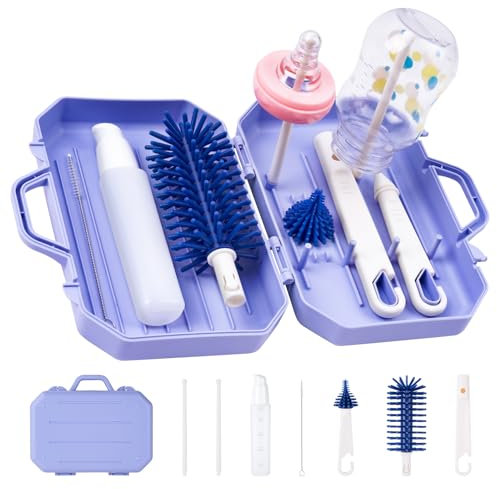 Vicloon Baby Bottle Brush, 5 in 1 Travel Baby Bottle Brush Set with Portable Silicone Bottle Brush, Straw Brush, Pacifier Brush, Bottle Drying Rack and Dispensing bottles, Purple