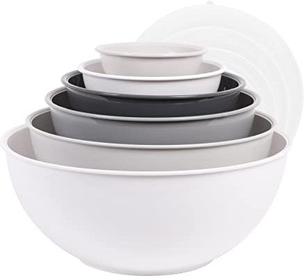 BoxedHome Mixing Bowl Set with Lid, Mixing Bowls, 12-Pack Mixing Bowl Set, Plastic Salad Bowl Non-Slip Stackable Serving Bowls for Kitchen (6 Bowls and 6 Lids, White Grey)