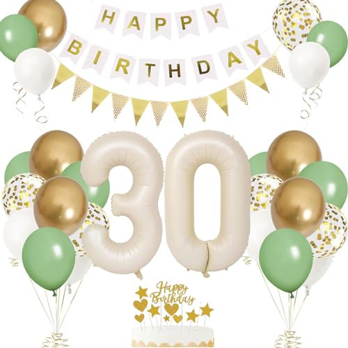 30. Geburtstag Deko Beige, Luftballon 30. Creme, Weiß Creme Folienballon 30, Mädchen 30 jahre Luftballon deko Sandweiß, Zahl 30 Helium Luftballons Salbeigrün Weiß Ballons für Geburtstag Party Deko