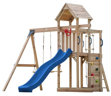AXI Moos Spielturm aus Holz mit 2 Schaukeln & Strickleiter | XXL Spielhaus / Spielplatz für Kinder mit Kletterwand, Sandkasten & Rutsche , blau | Schaukelgerüst für den Garten..