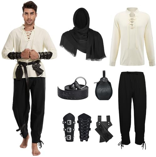 AJGEGJE Mittelalter Kleidung Herren, 7 Stück Herren Renaissance Kostüm Set, Mittelalter Viking Kostüm mit Piratenhemd Lang Hose Gürtel Handgelenkgurt (Schwarz, S)
