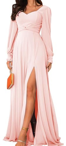 HPPEE Blush Pink Bridesmaid Dresses Long Sleeve for Wedding Empire Waist A Line Chiffon Formal Dress with Pockets Side Slit Prom Gown UK18