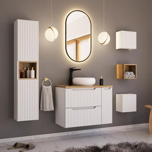 Lomadox Badezimmer Badmöbel Set 6-teilig mit 80cm Waschtisch, weiß und Eiche mit gerillter Front | inkl. LED-Spiegel, Keramikwaschbecken, Hochschrank, Hängeschränke