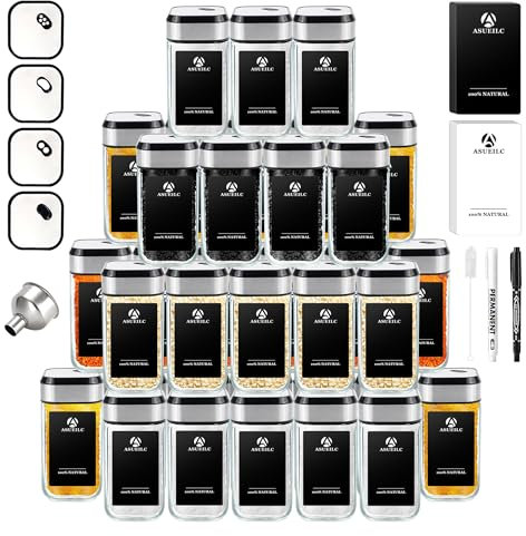 SIAZIH Omnidirektionale Drehung Gewürzgläser Eckig Set | Drei Kaliber frei einstellbar | 35 Gewürzdosen 120ml | Perfekte Organisation Küche Gewürz Organizer | Glas Gewürzbehälter mit Gewürzetiketten