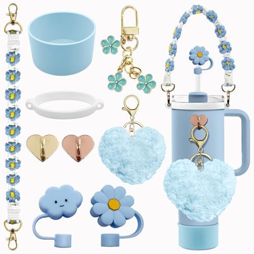 Stanley Tumbler Cup Accessories Set - 20oz, 30oz, 40oz With Silicone Straw Cover, Water Bottle Handle Strap, Charms, Silicone Cup Boot (Blue)