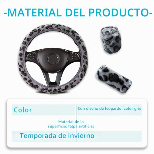 BKEPDY 3 Stück Graue Leopard Druck Plüsch Ringlose Elastische Lenkrad Abdeckung Handbremse Abdeckung Getriebe Abdeckung Stilvolle Auto Interieur Zubehör