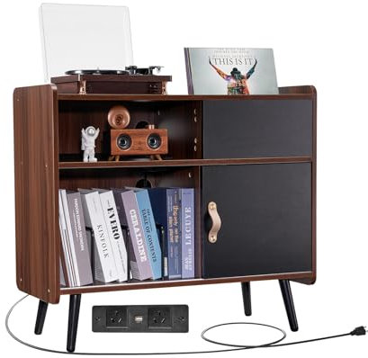 VEVOR Supporto per Giradischi con Presa, Mobiletto Supporto per Dischi con Spazio per 350 Album max., Tavolino per Giradischi Vintage per Soggiorno, Camera da Letto, Mobile da Salone, Marrone