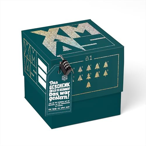 SURPRISA Geschenkbox für Weihnachten – Rätselbox als Alternative zu Geschenktüten Weihnachten, Geldgeschenke Verpackung im blauen Glitzer-Design, Größe L (20cm)