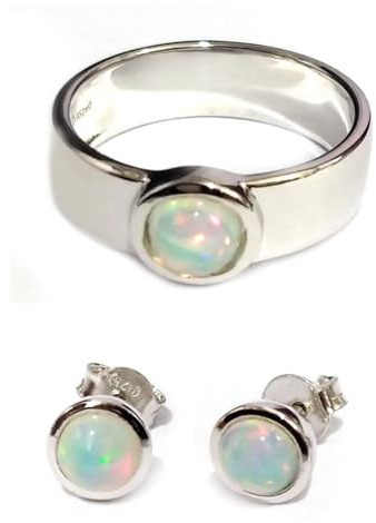 Cavill Welo Opal Silber Set 0,82 ct Äthiopischer runder Cabochon 5 mm Ring & Ohrringe 925 Sterling Silber moderner eleganter Schmuck blau grün rosa schillernd