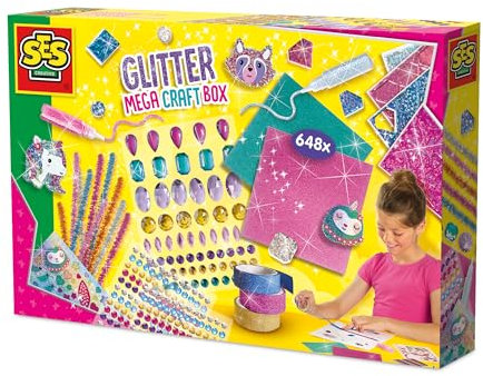 SES Creative 14139 Glitzer Mega Bastelbox - Kreatives Bastelset für Kinder ab 5 Jahren - Enthält Diamantsticker, Glitzerkleber und mehr - Perfekt zum Dekorieren und Basteln