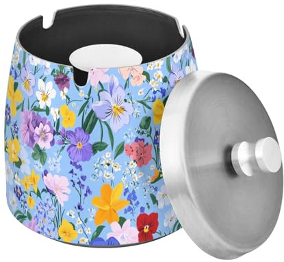 Stainless Steel Patio Ashtrays with Lid for Cool Patio Decor Flowers Orchid Pansy Hyacinths Blue, Ash Tray Sets for Indoor Outdoor Patio Table Cute Non-slip