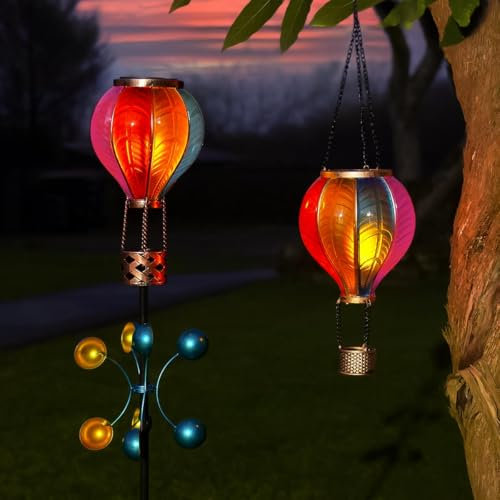 Festive Lights - 45cm Rainbow Solar Hot Air Balloon Hanging Lantern & 1.15m Stake Light Set - 32 LED, Flickering & Static Glow, Weather-Resistant - IP44 Outdoor Garden Décor, Integrated Sensor Panels