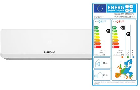 Klimaanlage Digiquest Inverter Serie V5 | CLIMA00063 12000 BTU | R-32 | Wi-Fi | Klasse A++/A+ | I Feel | Timer | Turbo-Funktion | 3D-Luftstrom | Auto Restart | Nachtmodus | SEER 6,1 | SCOP 5,1