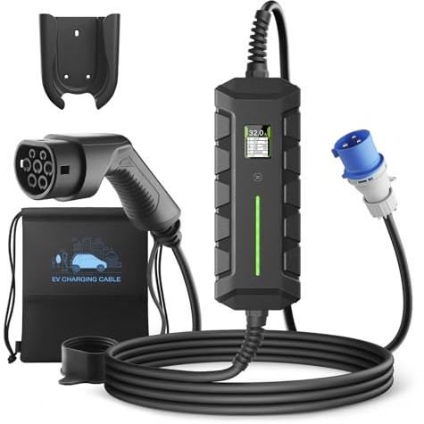 WISSENERGY 7.4kW EV Charger Type 2 with 32A CEE Plug, Electric Car Charger | Single-phase 16A | 24A | 32A Adjustable Current, 6M Cable, IP66 Waterproof, CE | UKCA | ROHS Certification, Storage Bag