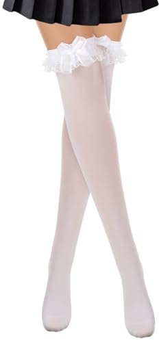 Xindojuz 1 Pair White Knee High Socks, Women's Girls Bow Lace Ruffled Thigh High Stockings, Lovely Cute Cotton Girls Princess Frilly Socks over the Knee Tube Dress Long Stockings