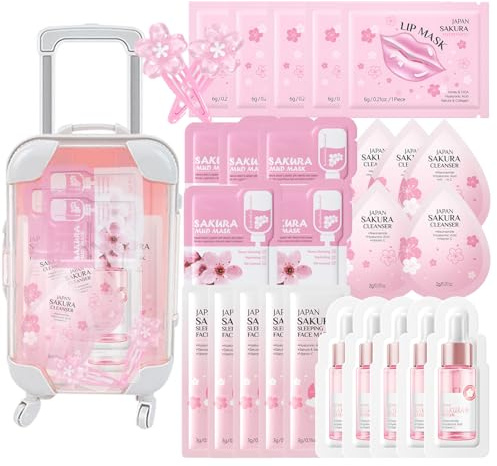 Sakura Face Care Skincare Set - Japan Sakura Skin Care Set for Girls Women - Soothing & Gentle Cleansing - Beauty Set with Cleanser, Toner, Mud Mask, Lip Mask, Sleeping Mask, 28 Pieces