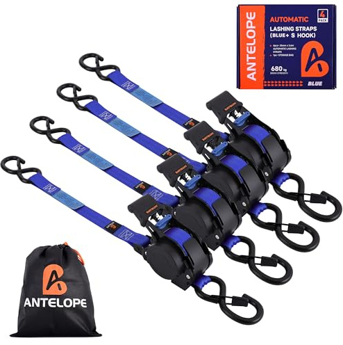A ANTELOPE Automatik Spanngurt mit Ratsche und S Haken, 3,6 m x 25mm | 4 Stück Automatischer Spanngurtaufroller , 340KG/680KG, Einziehbare Spanngurte für Motorrad, Kajak und LKW, Blau