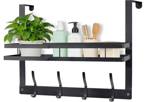 Pomodee Black Metal Over Door Hanger Coat Rack & Storage Basket,4 Hooks | Waterproof & Rustproof Metal | No Drilling | Includes Spanner | Fits Doors up to 1.8in | Kitchen,Bathroom,Bedroom