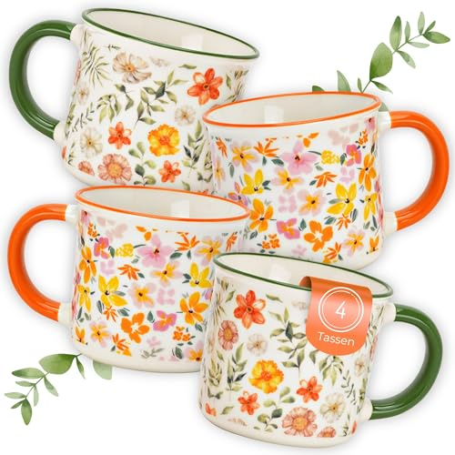 Kaffeetassen Blumen Dekor, 4er Set Porzellan-Tassen Orange Grün - Frühstückstasse 325 ml mit floralem Design