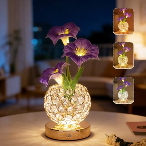 Lámpara De Mesa Flores, Lámpara De Noche Táctil De 3 Colores En Cristal Con Vaso De Intensidad Variable, Lámpara De Escritorio Recargable Inalámbrica, Regalo Romántico Para Mujer Mamá (Gloria De La