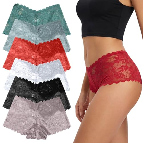 Gkhlg 6 Pack Lace Knickers for Women Soft Stretchy Floral Lace Mid Rise Full Coverage Ladies Underwear Multipack Comfort Breathable Knickers (UK, Alpha, M, Regular, Regular)