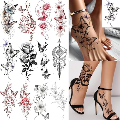 12 Sheets Beautiful Butterfly Flowers Temporary Tattoos For Women Feet Hands Body Art, Realistic Rose Peony Floral Fake Tattoo Sticker For Legs Ankle, Waterproof Lily Dreamcatcher Temp Tatoos Decals