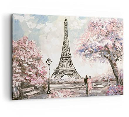 Wandbilder Dekoration Wohnzimmer Bäume Eiffle Paar Frankreich Bilder auf Leinwand 120x80cm Leinwandbild Schlafzimmer Deko Wand Kunstdruck Art Groß XXL Wanddeko Bild Wall Decor Canvas AA120x80-3147