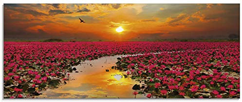 ARTland Wanddeko Glasbilder Wandbild Glas Bild einteilig 125x50 cm Querformat Natur Landschaft See Blumen Blüten Seerose Sonne Sonnenuntergang T9IA