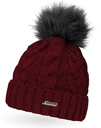 Neverless Damen Strick-Mütze gefüttert mit Fell-Bommel, Kunstfell, Winter-Mütze, Bommelmütze, Bordeaux Unisize