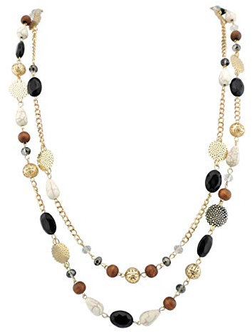 Bocar 14K placcato oro catena di collegamento 2 strati di cristallo legno acrilico colorato donne partito lungo collana regalo (NK-10084-black)