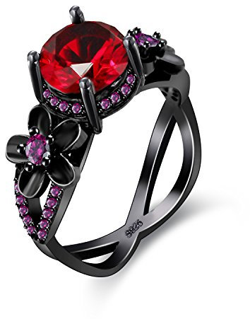 Uloveido Black Gothic Flower Promise Rings for Women with Round Cut Red Cubic Zirconia Stone Engagement Wedding Jewellery Y357 (Black, M)