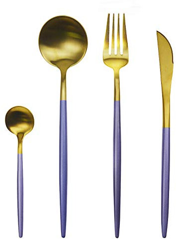 AF-WAN - Set di posate, 4 pezzi, in acciaio inox, set da tavola di alta qualità, ideale per casa, matrimoni, feste, lavabili in lavastoviglie, servizio per 1 (viola+oro)