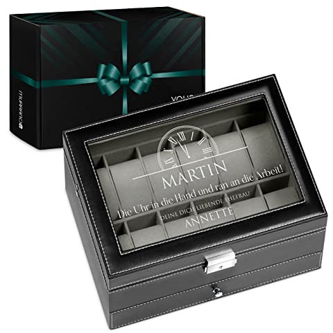 Maverton Uhrenbox mit Gravur für 12 Uhren & Schmuck - 30x20x13cm - Uhrenkasten aus Kunstleder - Schwarz - Geschenk für Männer - Uhr