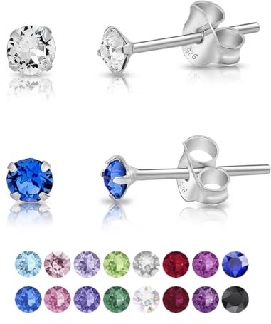 DTPsilver - 2 PAIRES de * MINI * Boucles d'oreilles/Clous en Argent Fin 925 et Cristaux de Swarovski® Elements Ronds - Diamètre: 3 mm - Couleur: Cristal Clair + Saphir Bleu