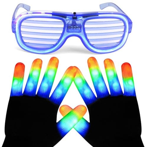 LNCOJOLM LED Light Up Glove & Glasses Christmas Party Supply Favor Costume Decoration, Glowing Neon Glasses Flashing Finger Skeleton Glove Festival Outfit