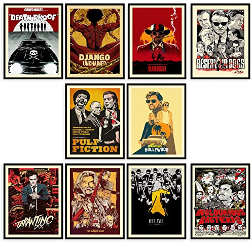 Batuba Design Tarantino Best Movie Poster Set mit 10 Drucken, 27,9 x 35,6 cm, ungerahmt, Regie von Quentin Tarantino, Pulp Fiction, Django, Kill Bill, Filmwandkunst, Wohnzimmer, Schlafzimmer