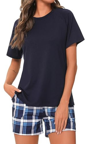 Uniexcosm Pyjama Femme Coton Court Ensembles de Femme Ete Carreaux Col Rond Manches Courtes Pyjama pour Femme Short avec Poches Latérales Bleu Marin XXL
