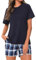Uniexcosm Pyjama Femme Coton Court Ensembles de Femme Ete Carreaux Col Rond Manches Courtes Pyjama pour Femme Short avec Poches Latérales Bleu Marin XXL