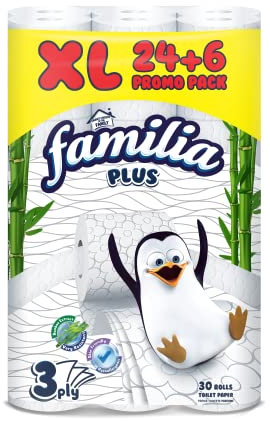 Familia Rotolo di carta igienica a 3 strati, confezione da 30 rotoli di carta igienica in bambù, ipoallergenico, ecologico, super morbido, resistente e sostenibile, 130 fogli/rotolo